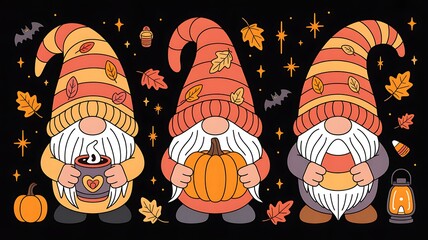 Three cartoon gnomes in autumnal attire, holding cups of hot cocoa, pumpkins and candy corn, combine the warmth of autumn with the charm of Halloween.