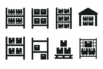Obraz premium Warehouse and storage icon set. Vector black symbols of inventory and logistics
