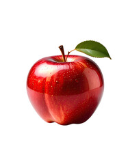 Close-up of a vibrant red apple with a green leaf
