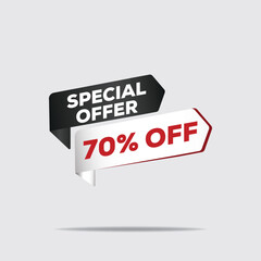 "3D sale banner, glossy black price tag with red special offer text, 70% off discount, minimalist high contrast product render"