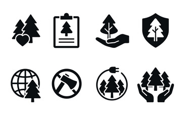 Forest conservation and ecology icon set. Vector black symbols of environmental protection and trees