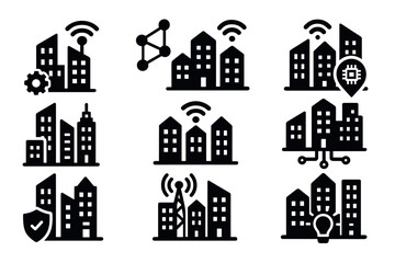 Obraz premium Smart city and urban technology icon set. Vector black symbols of futuristic infrastructure