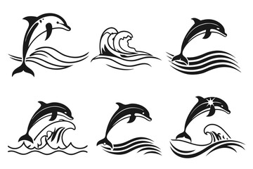 Naklejka premium Minimalist dolphin jumping over waves icon set