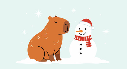 A cute cartoon capybara sits in the snow next to a friendly snowman wearing a Santa hat and scarf.