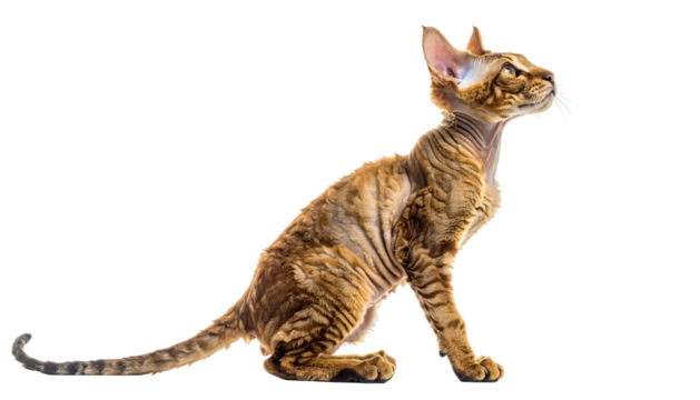 A side view of a young, light-brown cat with unique markings.  It's sitting, alert and looking upward