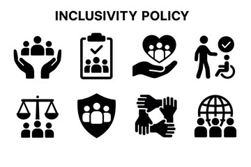 Inclusivity and diversity policy icon set. Vector black symbols of equality and social justice