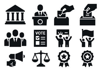 Election and politics icon set. Vector black symbols of government and voting