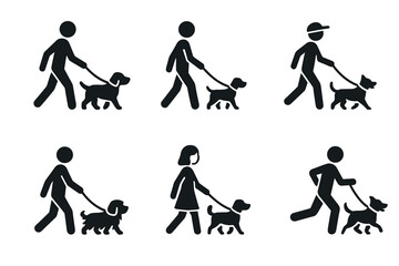 Dog walking and pet care icon set. Vector black symbols of people with dogs on a leash