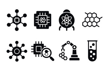 Nanotechnology and science icon set. Vector black symbols of molecular engineering and research