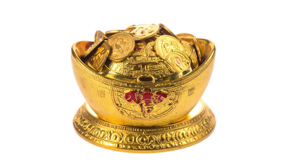 Gold coins overflowing a decorative gold bowl
