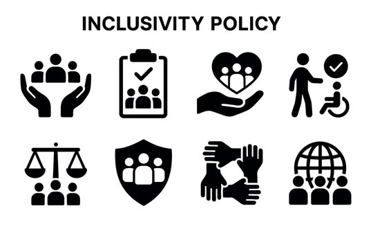 Inclusivity and diversity policy icon set. Vector black symbols of equality and social justice