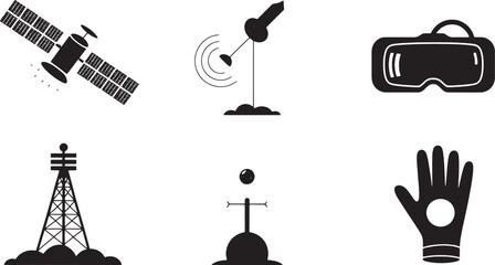 Fototapeta premium Black vector icons of satellite V R headset radio tower and glove on white background space communication