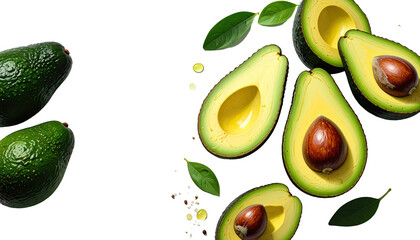 Fresh avocados, halved and whole, with leaves and seeds,  arranged on a black background