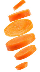 Sliced carrots in mid-air, vibrant orange slices