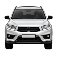 Front view of a light gray SUV.  Modern, compact SUV,  front grille, headlights,  and windshield are visible