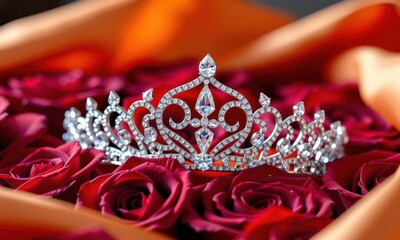 Obraz premium Elegant diamond tiara rests on a bed of red roses and luxurious orange fabric, fabric, elegance