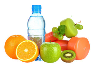 Healthy lifestyle, fitness, fruits, and water.  A plastic water bottle, oranges, apples, grapes, kiwi, and a pair of weights sit together on a white background.  Bright, fresh, and hydrating
