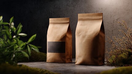 3d rendering of two brown kraft paper coffee bags with a blank black label on the front, placed side by side against a dark concrete wall background with a green plant and moss. 
