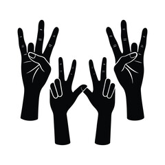 Obraz premium Four black fill vector designs of hands showing peace and rock-on symbols on white background