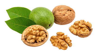 Whole and halved walnuts with green leaves