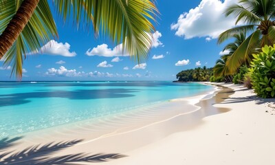 White sand beach, turquoise water lapping gently at the shore, lush tropical vegetation. Palm trees sway in the warm breeze, creating a tranquil paradise scene, shore, palm trees