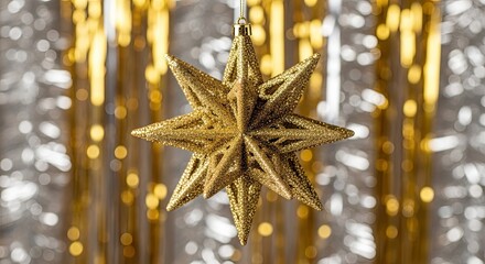 Sparkling Golden Star Decoration Against Silver Tinsel Background