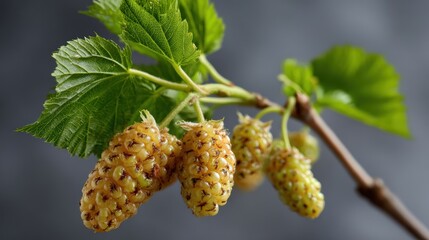 Fototapeta premium Close up study of ripe mulberry fruits on branch with lush green leaves