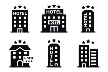 Obraz premium Hotel and accommodation icon set. Vector black symbols of hospitality and travel