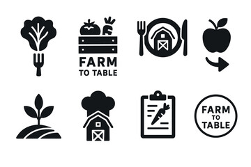 Fototapeta premium Farm to table and local food icon set. Vector black symbols of organic and fresh produce
