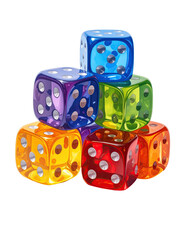 Stacked vibrant dice in rainbow hues.  Transparent,  multicolored cubes with white pips.  Playful,  game-ready