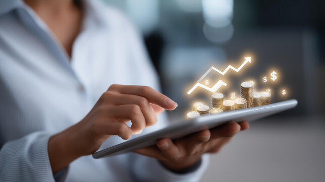 Close-up of hands holding a tablet with floating 3D financial icons such as coins, graphs, and currency symbols, representing digital finance, online banking, wealth management, and investment