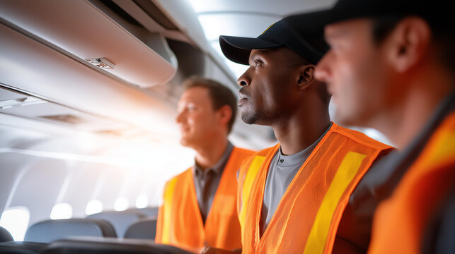 Ground crew inspecting emergency exits, life vests, and safety equipment, emphasizing comprehensive pre-flight checks, passenger safety, and regulatory compliance for commercial flights.