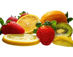 Vibrant fruit medley of oranges, lemons, strawberries, and kiwi