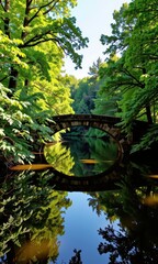 Fototapeta premium Ancient clapper bridge spanning the River Barle, lush green woodland reflected in the tranquil water, travel, tourism