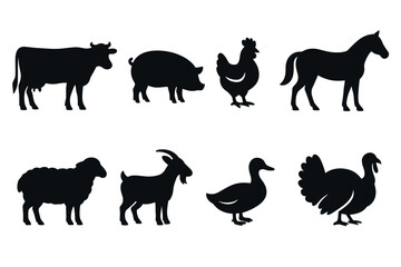 Farm animals and livestock silhouette icon set. Vector black symbols of agriculture