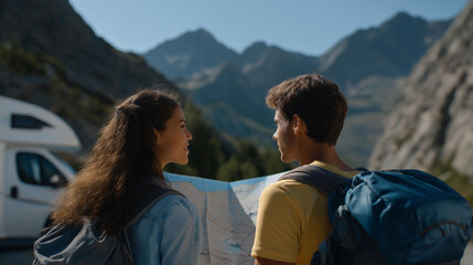 A couple hikes from their RV parked at a mountain campground, with backpacks ready, a trail map open, peaks rising, and the RV gleaming below, captured in a rugged photo with pack straps, map