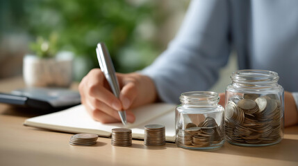 Hands sorting coins into labeled jars and writing figures in a notebook, emphasizing personal budget planning, savings strategies, cash flow management, and practical financial organization.