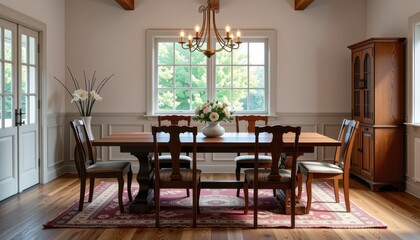 Rustic wooden dining table set with matching chairs, illuminated by an elegant chandelier, design, home