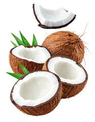 Fresh coconuts with slices and leaves