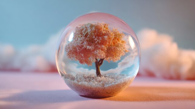 Delicate tree encased in glass with soft background atmosphere