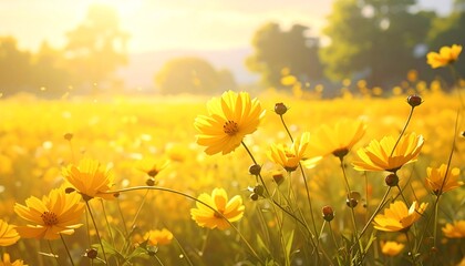 A beautiful field of yellow flowers blooming in the warm sunshine at daytime