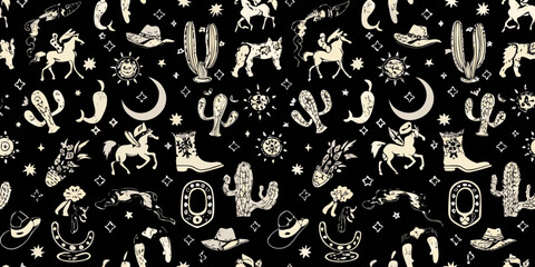Whimsical western cowboy and desert elements seamless pattern with horses cacti and stars