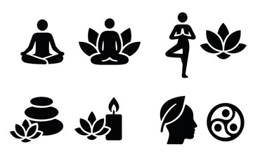 Yoga and meditation icon set. Vector black symbols of zen, spa, and spiritual wellness