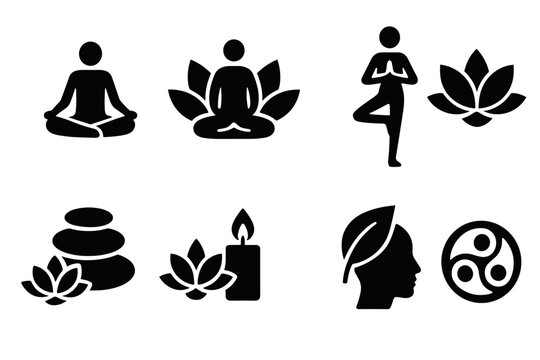 Yoga and meditation icon set. Vector black symbols of zen, spa, and spiritual wellness
