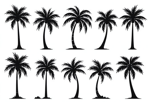 silhouette of palm trees , Palm tree silhouettes set &ndash; black palm tree shapes collection, isolated vector on white background .