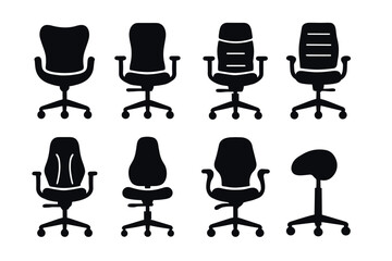 Office chair icon set. Vector black symbols of ergonomic and modern seating