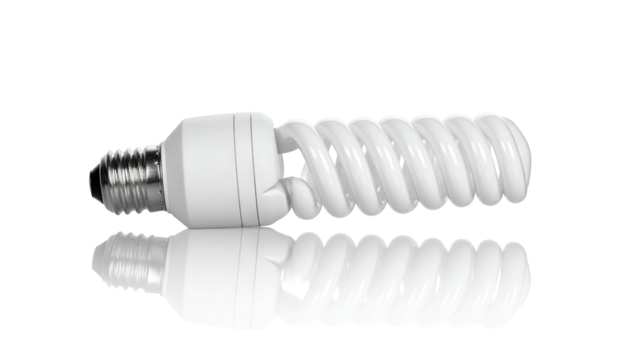 White spiral energy-efficient lightbulb, reflected on a dark surface