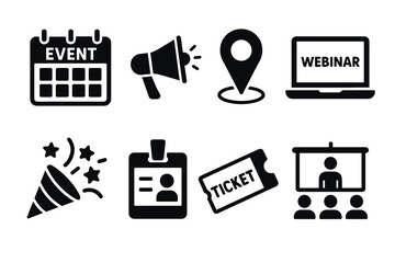 Event and Webinar Icon Set. Vector black conference symbols of calendar, megaphone, ticket, speaker, badge, and online meeting glyph illustrations