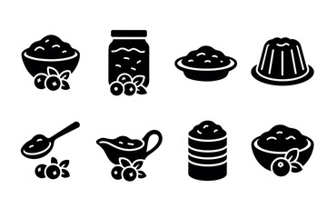 Cranberry sauce and berry dessert icon set. Vector black symbols of holiday food