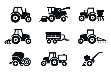 Farm machinery and agricultural equipment icon set. Vector black symbols of tractors and harvesters